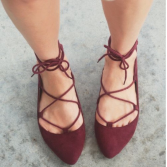 S. the Widow Shoes - IRMA Maroon Lace Up Pointy Toe Flats